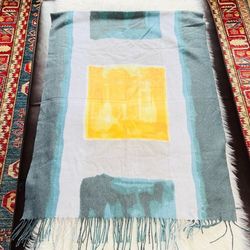 Abstract Patterned Blue and Yellow Wool Blend Pashmina Scarf - Picture 4 of 5